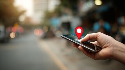 Man using smartphone with gps navigation app, pointing at digital map icon on blurred urban street background, concept of location tracking, mobile navigation, and modern technology in everyday city l