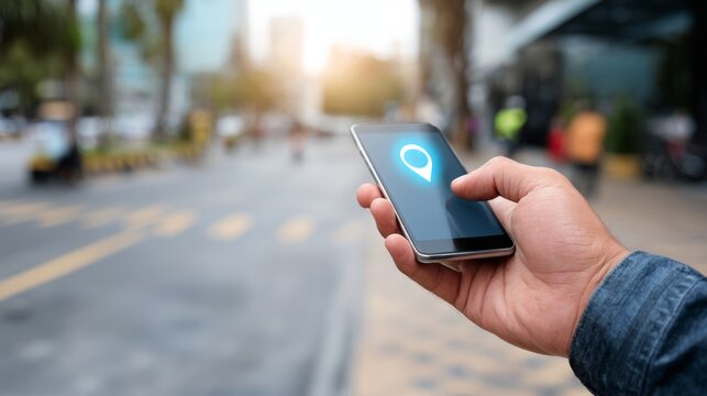 Man using smartphone with gps navigation app, pointing at digital map icon on blurred urban street background, concept of location tracking, mobile navigation, and modern technology in everyday city l - Powered by Adobe