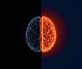 A brain is split in half, with one half being red and the other half being blue