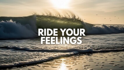 Powerful ocean wave crashes on beach with inspirational text