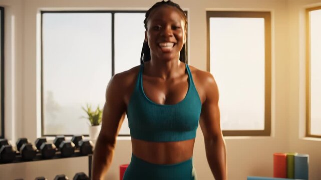 Woman exercising with dumbbells in home gym