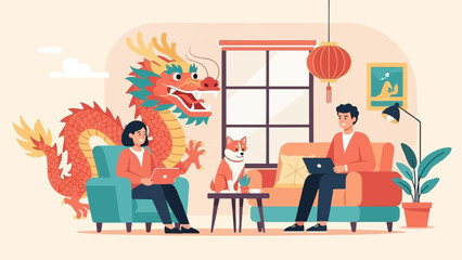 Cozy living room with people, dog, and dragon decor