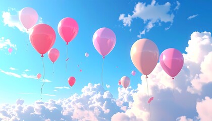 Pink Balloons Floating in a Dreamy Sky with Clouds.