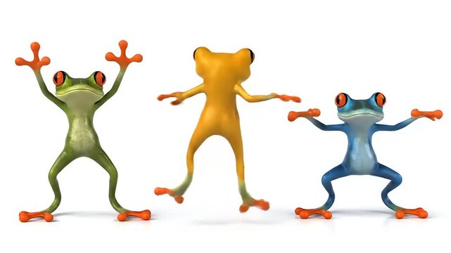 Three whimsical cartoon frogs dancing and jumping with joy, isolated on a white background