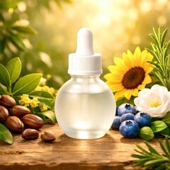 A bottle of essential oil is surrounded by a variety of plants and berries