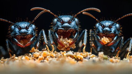 Macro shot of three black insects with detailed features, carrying small food items
