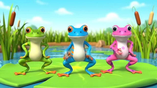 Three vibrant cartoon frogs dancing on lily pads in a pond with cattails in the background, creating a lively and playful scene
