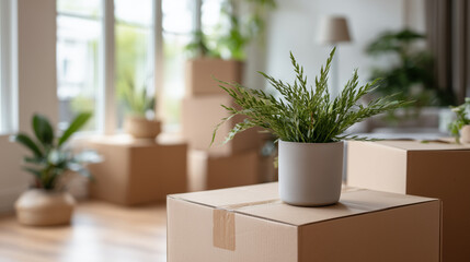 Eco-friendly moving concept featuring packed boxes and houseplants in a cozy interior.