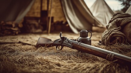 Vintage Rifle and Camp Scene in Nature