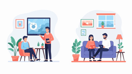 Fototapeta premium Two scenes one man presenting on screen, another couple relaxing on a sofa