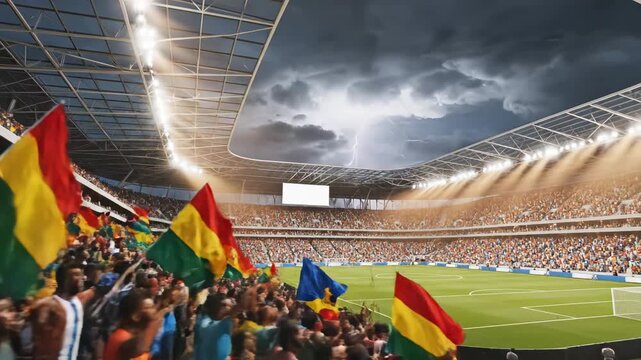 Soccer stadium crowd under stormy sky