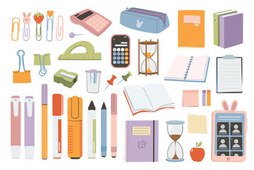 School supplies set. Vector illustration for study, school, university. Back to school, collection of school stationery.