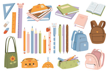 School supplies set. Vector illustration for study, school, university. Back to school, collection of school stationery.