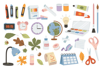 School supplies set. Vector illustration for study, school, university. Back to school, collection of school stationery.
