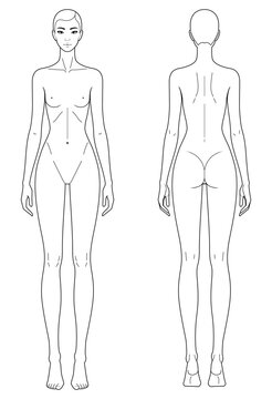Basic 9-Head Female Fashion Figure Template. Pear Body Shape Croquis for Fashion Illustration and Technical Drawing. Front and Back View. Neutral Standing Pose.