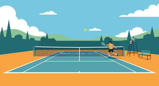 Dynamic tennis match taking place on an orange clay court with a player hitting the ball and a referee watching from a high chair.