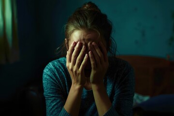A woman is sitting on a chair with her hands on her face