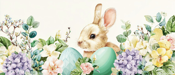Easter banner design showcases a charming bunny, colorful eggs, and various flowers creating a festive atmosphere suitable for cards or invitations