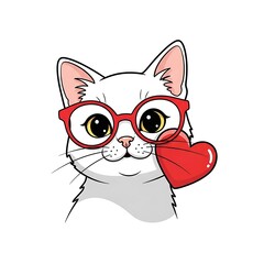Obraz premium Adorable White Cat with Red Glasses and Heart Illustration.
