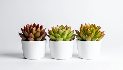Three colorful succulent plants in identical white pots on plain white background