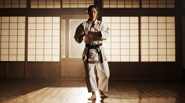 Woman practicing martial arts in dojo