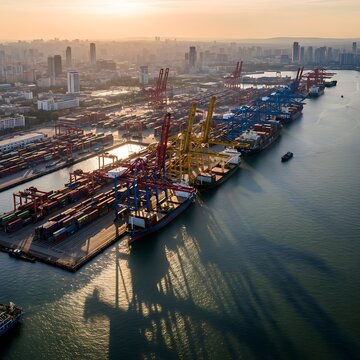 Aerial View of a Busy Container Port at Sunset.