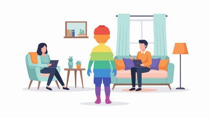 Three people in a room, one with rainbow colors