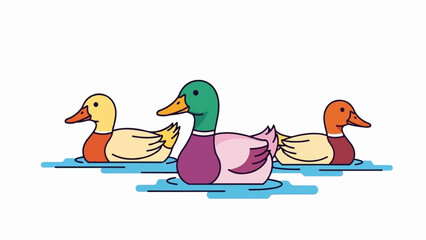 Obraz premium Three cartoon ducks swim in blue water, simple flat style, vibrant colors