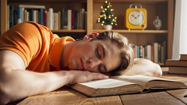 Man sleeping with open book on table