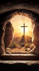 Cave entrance reveals Christian cross illuminated on hill at sunrise. Rocky landscape and soft light, emphasizing transition from darkness to light in spiritual context. Resurrection Of Jesus Christ