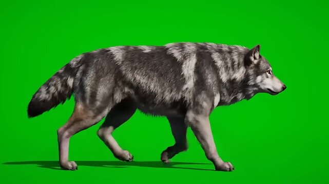 Realistic gray wolf confidently striding on an isolated green screen background, perfect for compositing and visual effects in wildlife documentaries or creative digital projects