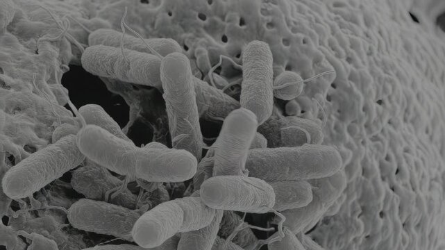 Microscopic view of bacteria showing clusters of elongated shapes interacting with surfaces, highlighting their movement and growth in a biological environment under magnification