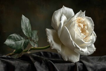 Single white rose on dark velvet cloth