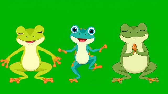 Happy, energetic, and meditating cartoon frogs on a green screen. Three animated amphibians in varied poses, perfect for playful content and easy integration into diverse projects