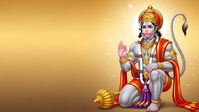 Divine artistic depiction showing lord hanuman sitting peacefully with blessing gesture sacred aura shining behind symbolizing strength devotion courage and spiritual power worshipped across hindu 