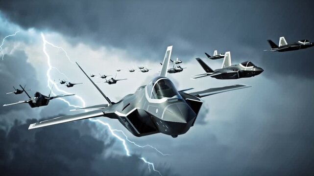 Epic cinematic 4K stock video of a squadron stealth fighter jets flying in tight formation storm clouds, dramatic lightning flashes sleek jet surfaces, realistic rain water droplets cockpit glass