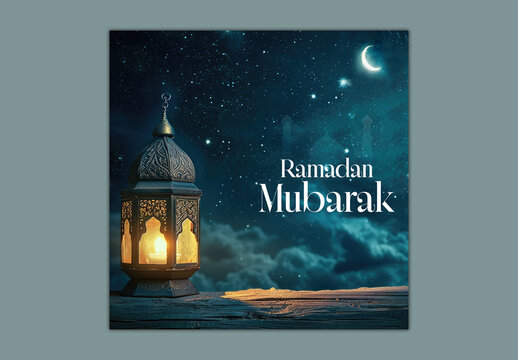 Editable Ramadan Mubarak Social Media Post with Glowing Arabic Lantern, Crescent Moon and Starry Night Sky Background.