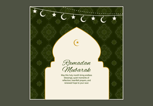 Editable Ramadan Mubarak Greeting Post with Crescent Moon and Stars in Mosque Style Shape on Green Islamic Pattern Background for Social Media.