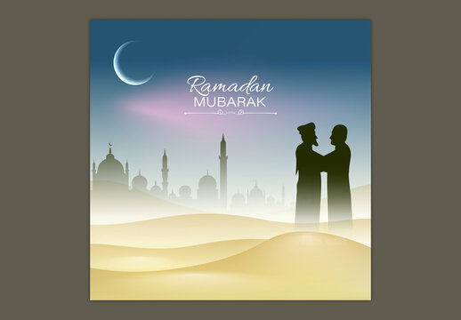 Editable Ramadan Mubarak Greeting Post with Crescent Moon and Muslim Men Hugging Silhouette in Mosque Desert Landscape for Social Media.