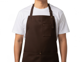 Person wearing brown apron with pocket over white t-shirt