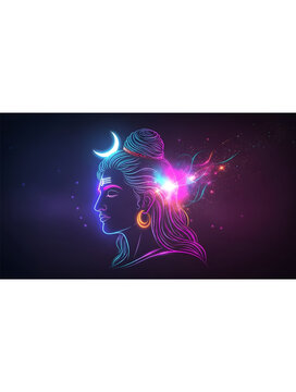 Cosmic neon portrait of shiva glowing with divine light trishul moon aura and spiritual energy radiating through space celebrating faith devotion culture and purity for maha shivratri worship