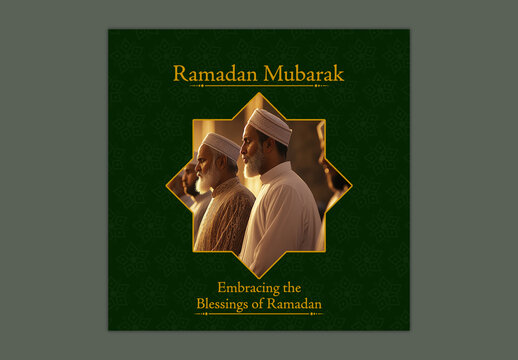Editable Ramadan Mubarak Greeting Post with Muslim Men Portrait Praying in Mosque on Green Islamic Pattern Background for Social Media.