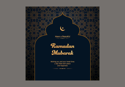 Editable Ramadan Mubarak Greeting Post with Crescent Moon, Star on Elegant Golden and Blue Islamic Pattern Background for Social Media.