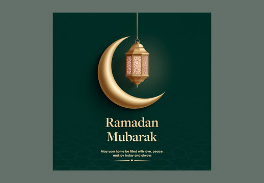 Editable Ramadan Mubarak Greeting Post with Golden Crescent Moon and Arabic Lamp Hang on Green Islamic Pattern Background.