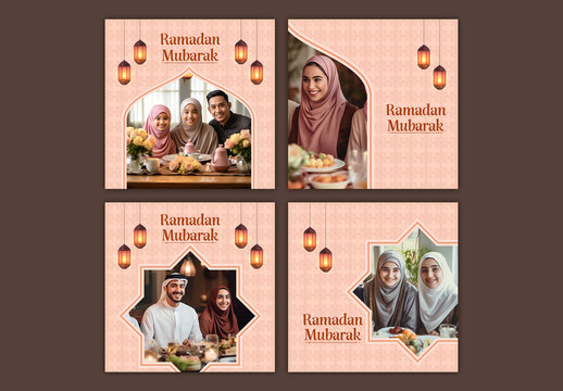 Editable Ramadan Mubarak Social Media Post Set with Muslim Family Portraits Enjoying Iftar Meals and Arabic Lanterns on Peach Islamic Pattern Background.