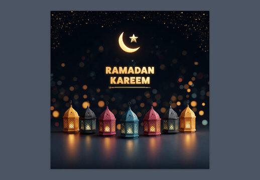 Editable Ramadan Kareem Greeting Post with Golden Crescent Moon, Star and Colorful Arabic Lamps on Dark Bokeh Background for Social Media.