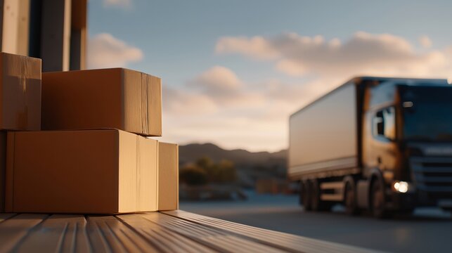 In a distribution workflow, boxes get packed and loaded onto a large truck standing outside the warehouse, highlighting freight movement and operational efficiency. cinematic color correction,