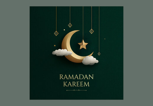 Editable Ramadan Kareem Greeting Post with Golden Crescent Moon, Star and Clouds on Dark Green Background for Social Media.