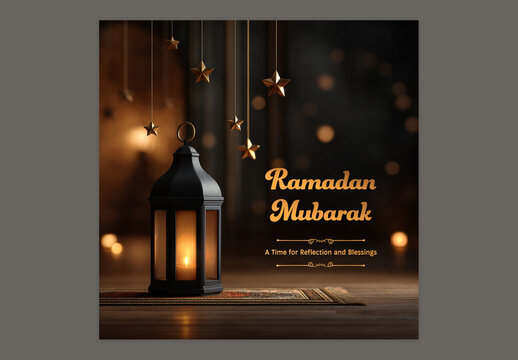 Editable Ramadan Mubarak Greeting Post with Illuminated Arabic Lamp on Prayer Mat and Golden Stars Hang in Dark Background for Social Media.