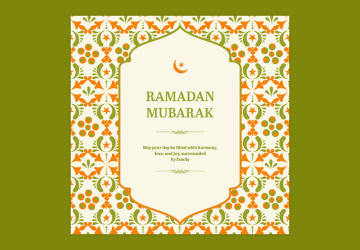 Editable Ramadan Mubarak Greeting Post with Crescent Moon and Stars on Colorful Islamic Pattern Background for Social Media.
